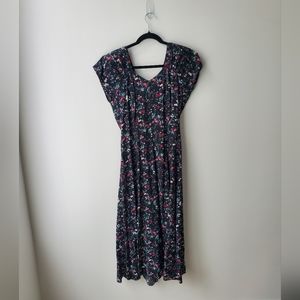 Vintage Black Floral Maxi Dress with Pink and White Accents